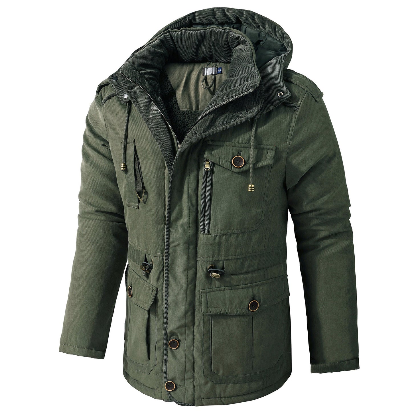 Green winter jacket with a hood on a white background